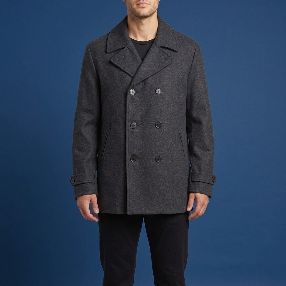 Claiborne Wool Blend Double Breasted Peacoat Mens L Black Jacket EUC